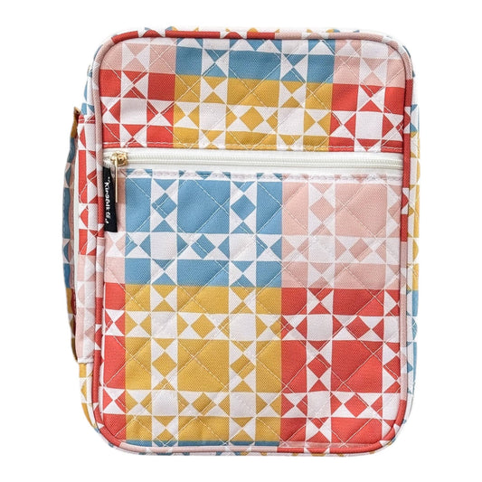 quilted vintage squares bible cover with front zipper pocket and colorful patchwork design