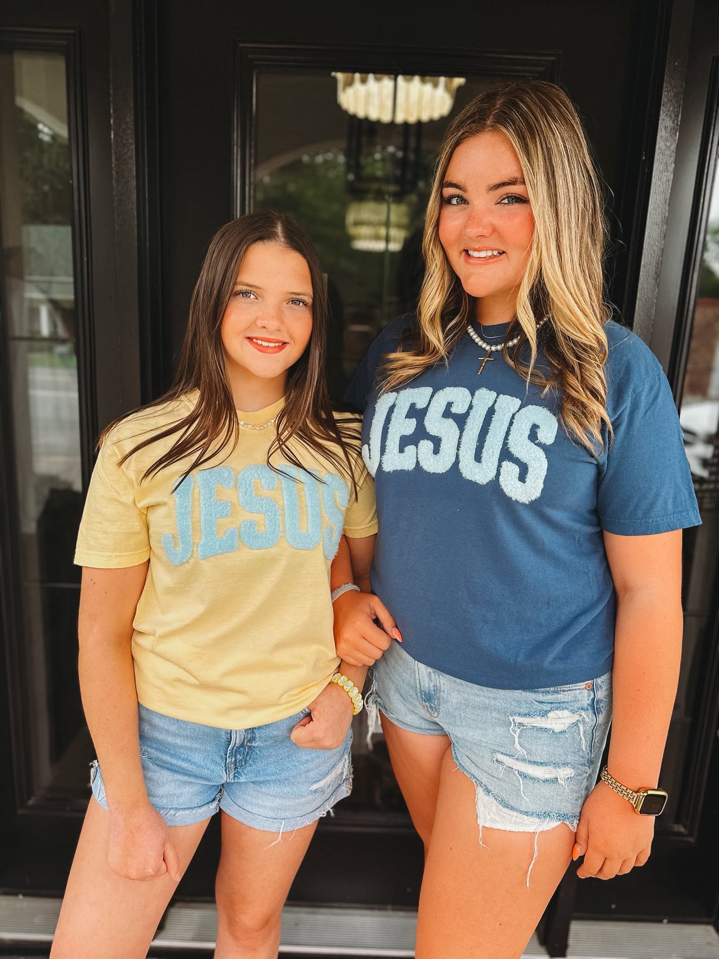matching Jesus comfort colors christian t-shirts in butter and midnight