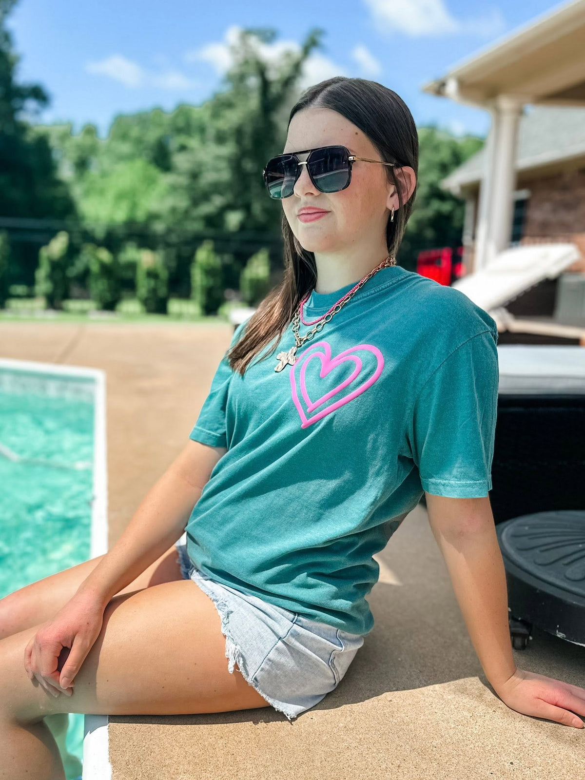 woman wearing emerald christian comfort colors tee with it is well with my soul hymn design