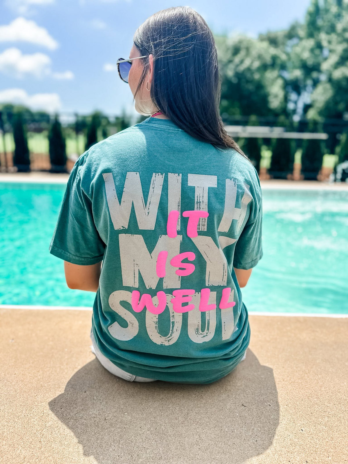 back of emerald comfort colors christian shirt featuring it is well with my soul design