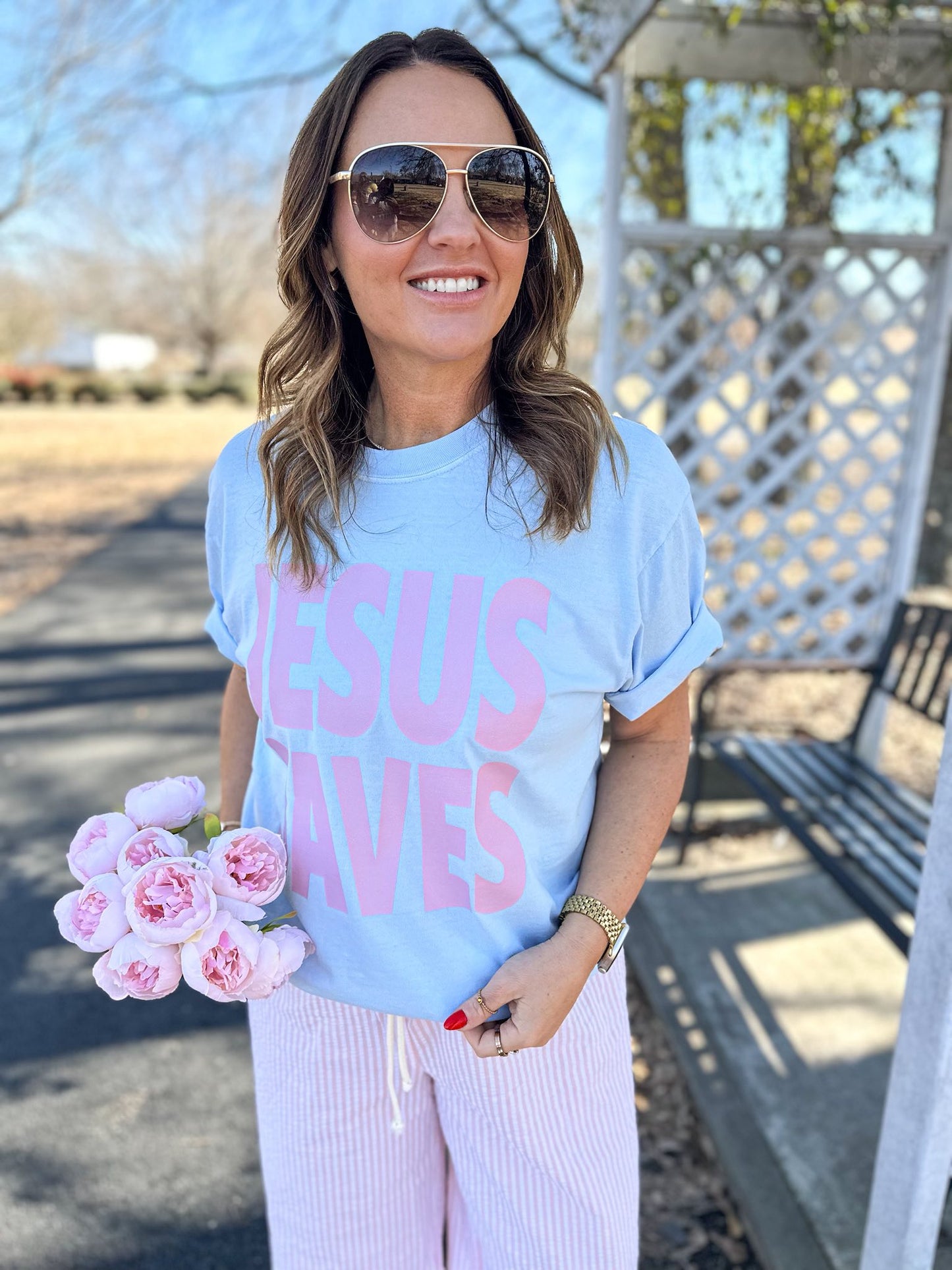 jesus saves faith shirt comfort colors hydrangea blue christian apparel